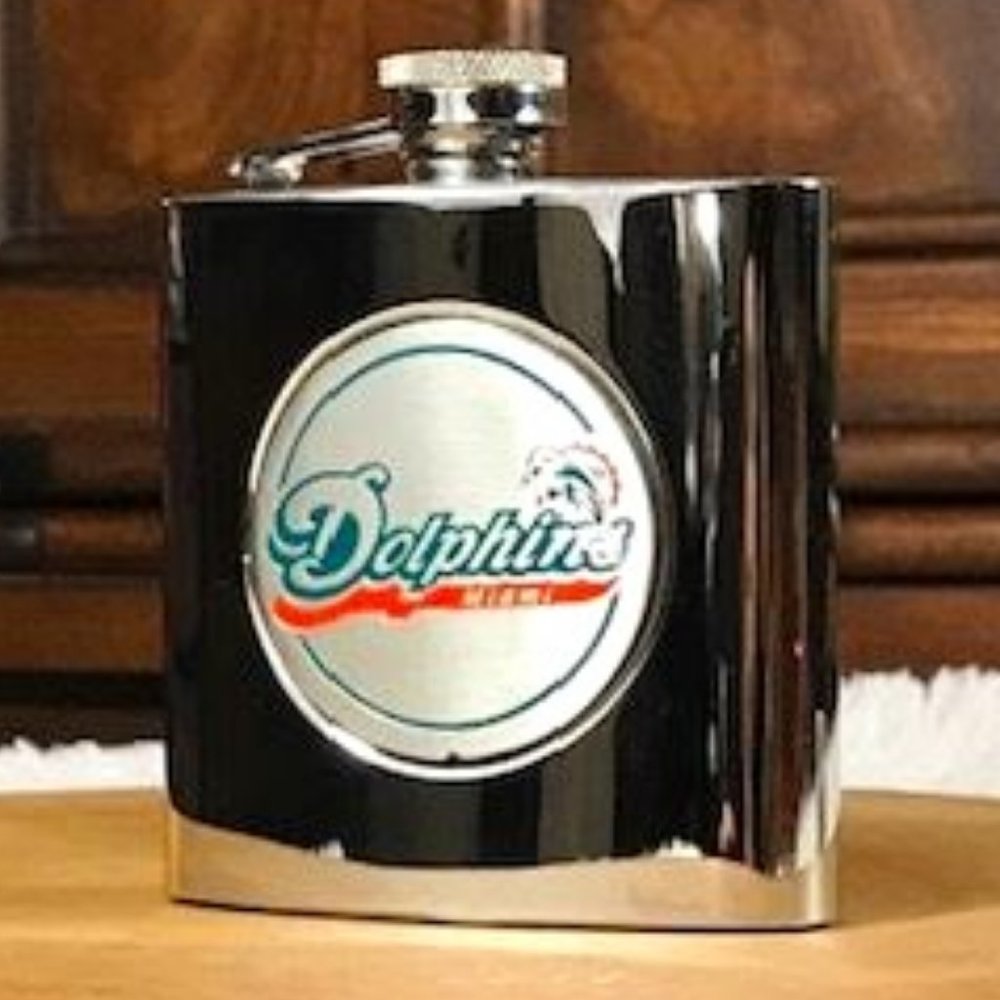 Miami Dolphins 6oz Polished Stainless Steel Curved Hinge Top Flask